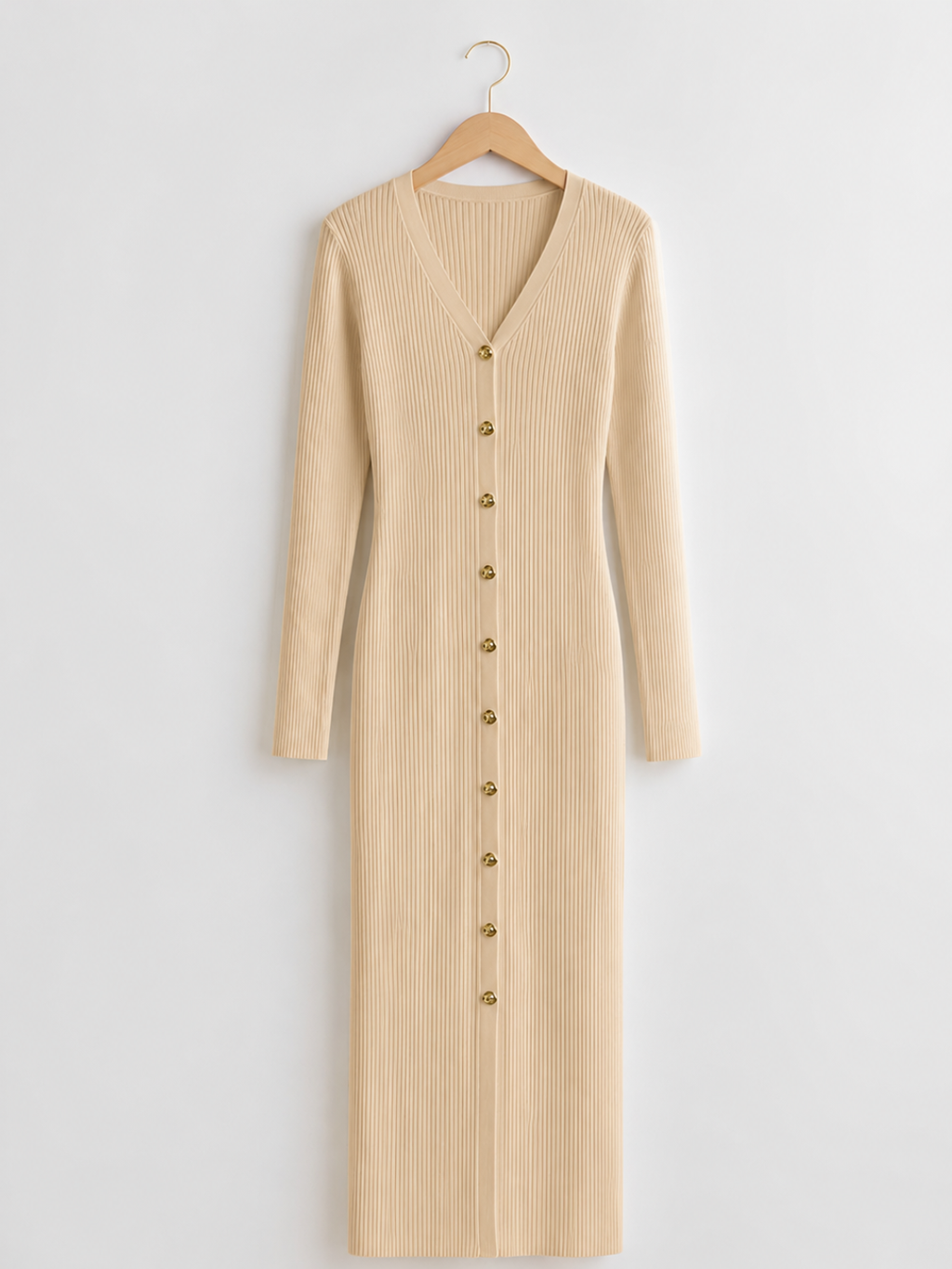 Robe midi côtelée à manches longues, col en V et boutons à l'avant - Iracema