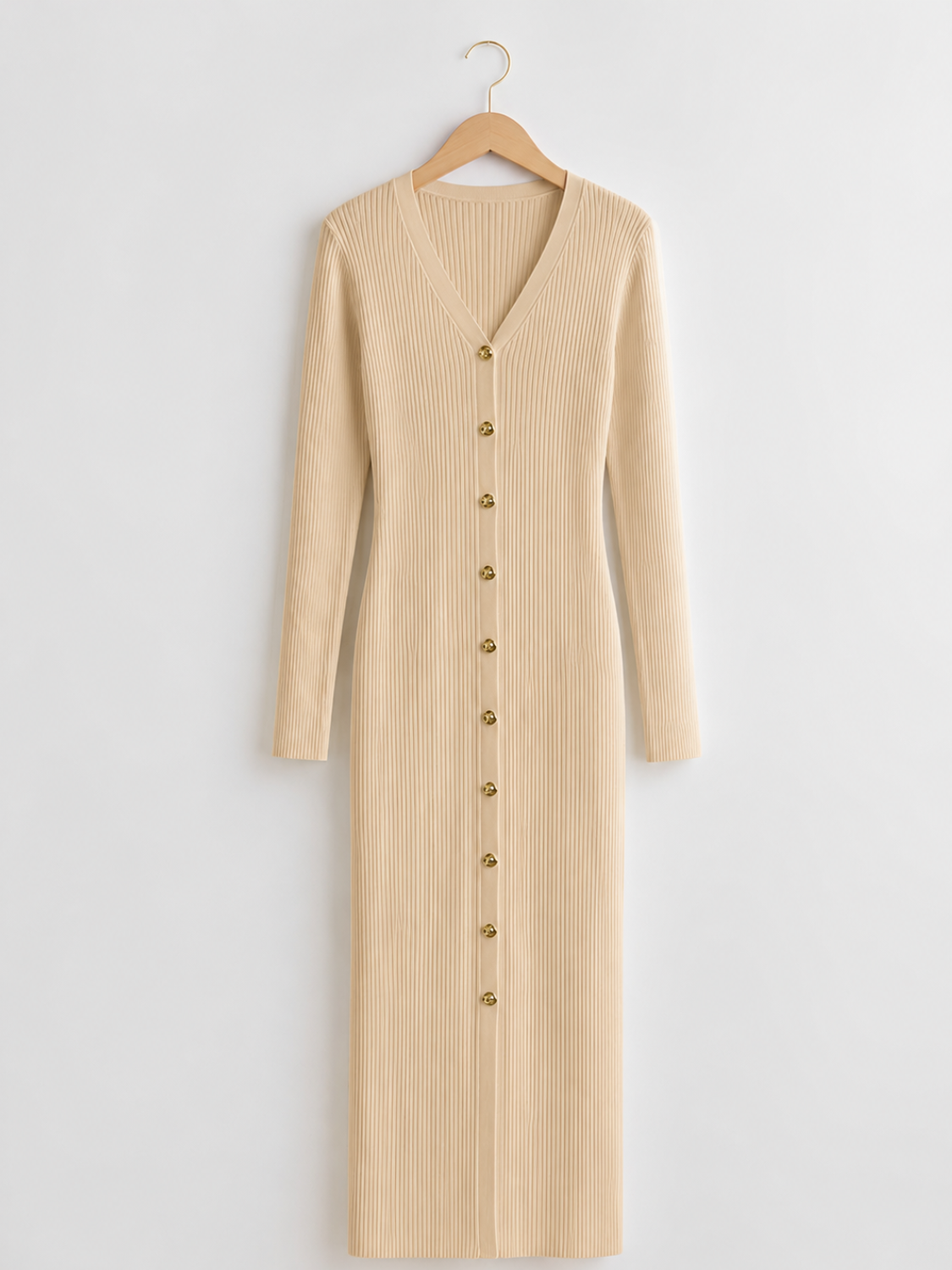 Robe midi côtelée à manches longues, col en V et boutons à l'avant - Iracema