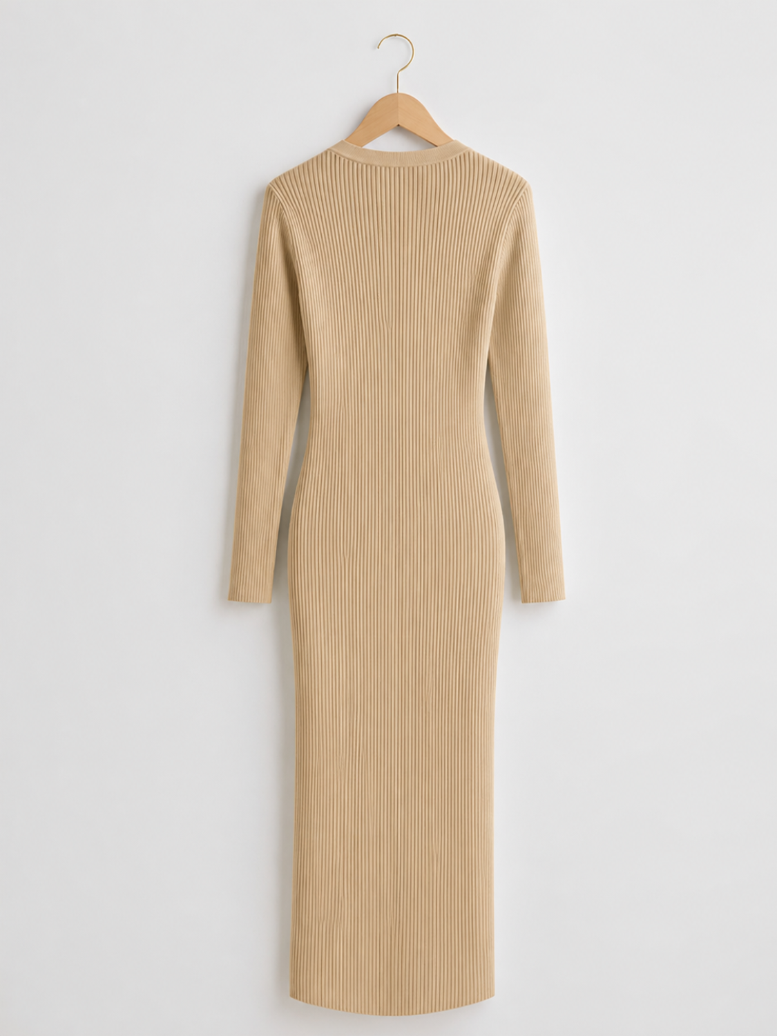 Robe midi côtelée à manches longues, col en V et boutons à l'avant - Iracema