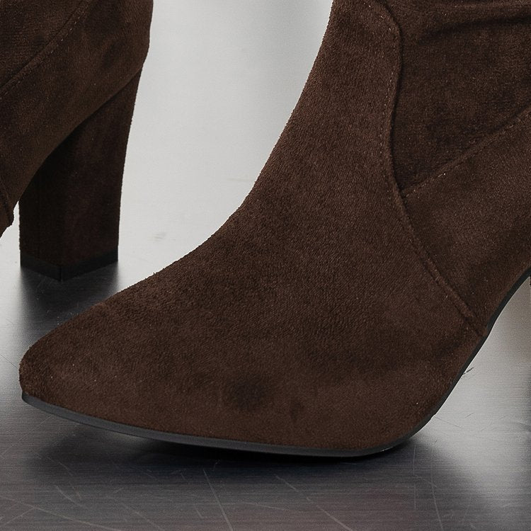 Bottes hautes à talon bloc et bout pointu en suédine pour femme Fiorelle – Bottes montantes à talon épais (US 4–10,5)