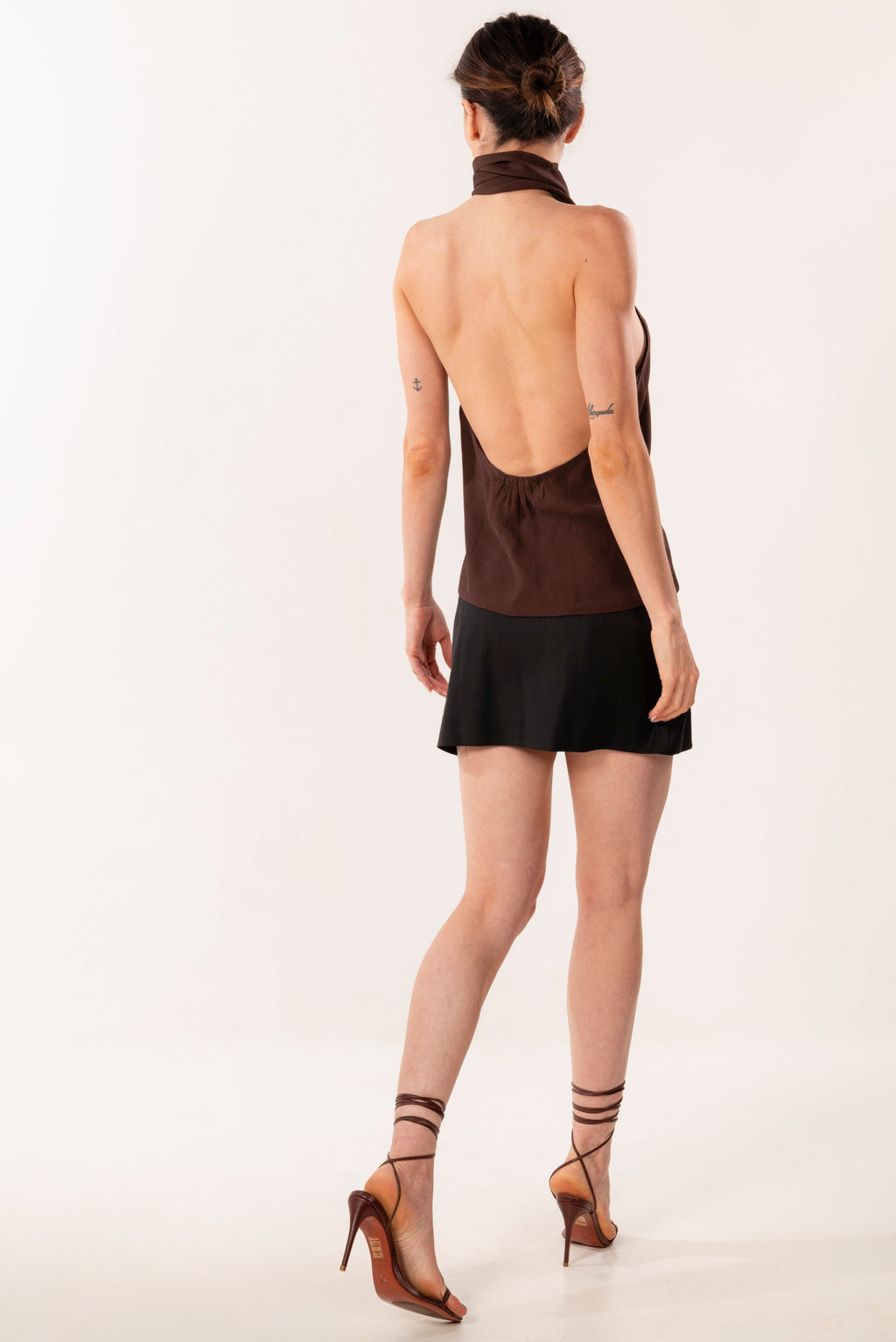 ÉXI-MIA BROWN SILK HALTER TOP