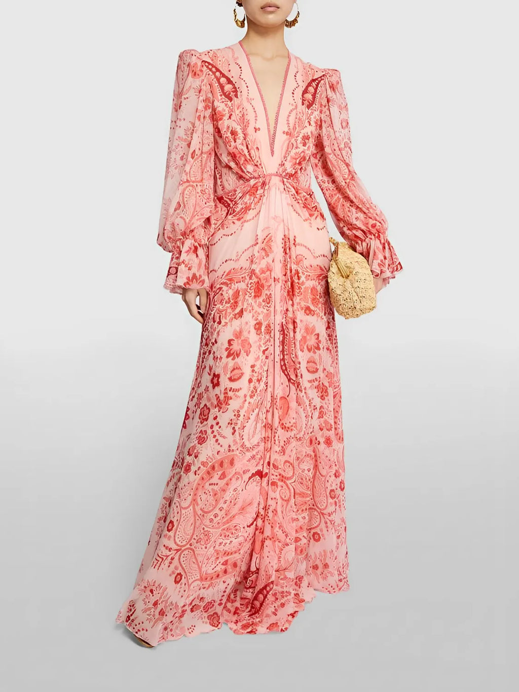 Elegant Printed Fitted Maxi Dress with Long Sleeves – Clarisse