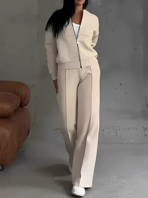 Women's Zip Jacket and Straight Trousers Set with Pockets - Bruna
