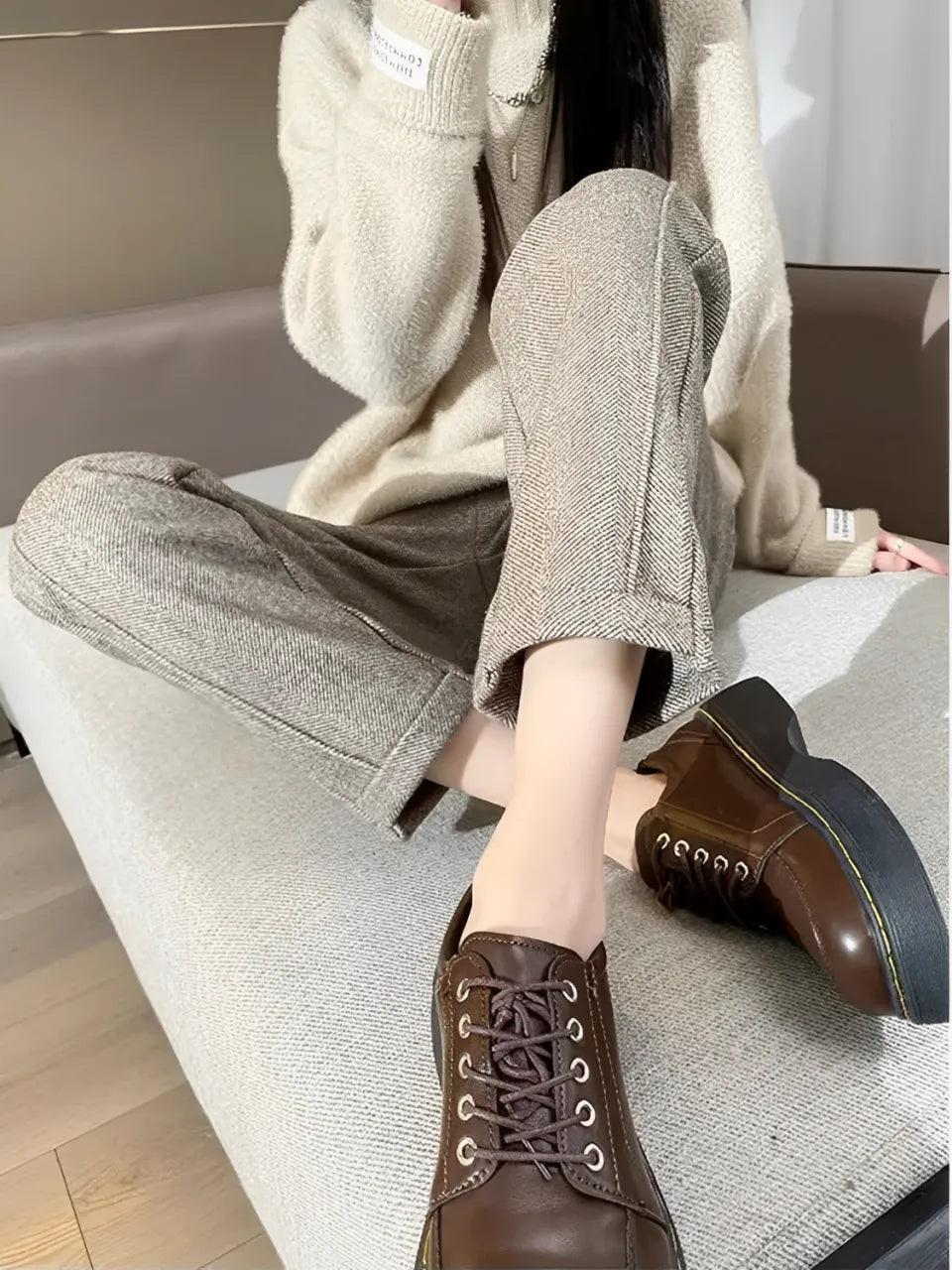 Pantalon droit taille haute en laine et cachemire pour femme avec élastique – Leda