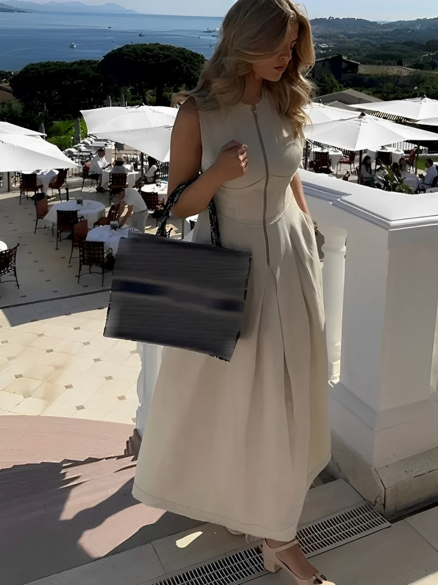 Robe longue avec fermeture éclair au buste, taille empire et poches – Liriel