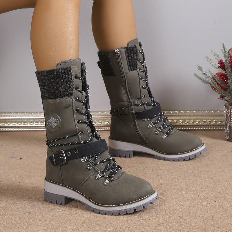Fiorelle Damen-Combat-Stiefel im nordischen Strick-Design – Hochschäftige, mit Thermobaumwolle gefütterte Schneestiefel mit Blockabsatz & Lederakzenten (US 5–10,5)