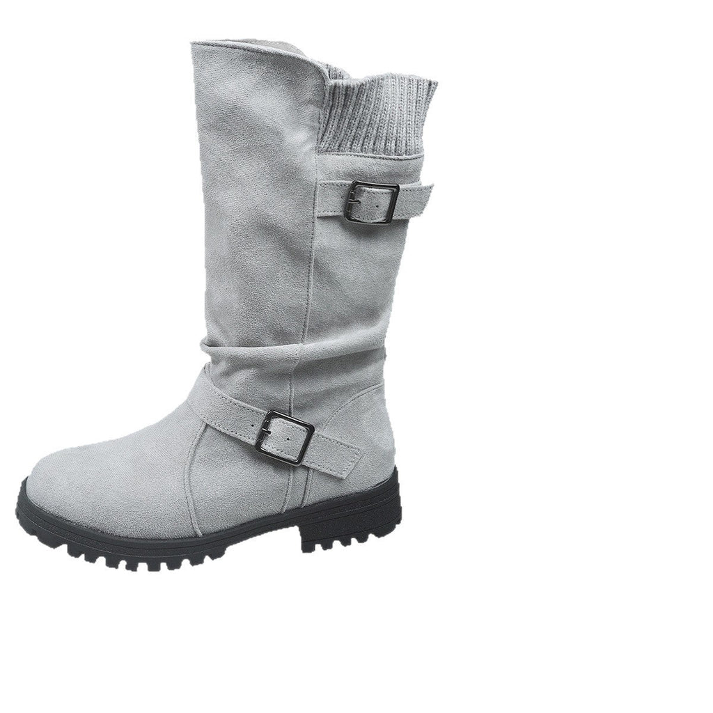 Fiorelle Damen-Wildlederstiefel mit Schnalle, wadenhoch – Gestrickte Manschette, Western-Stil, Slouchy-Schuhe (US 5–10,5)