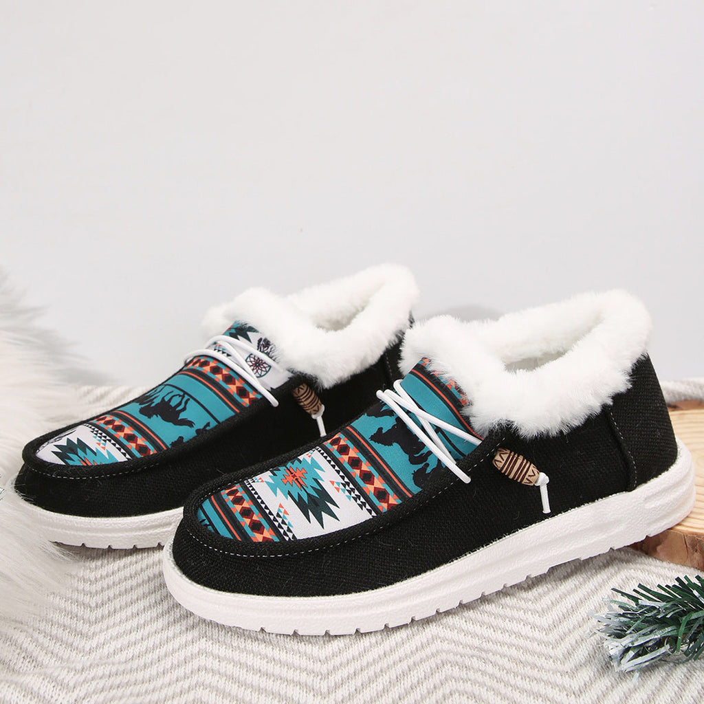 Bottes plates en peluche folklore pour femmes Fiorelle - Bottes de neige d'hiver à lacets avec imprimé ethnique et doublure en polaire confortable - US (5-10,5)
