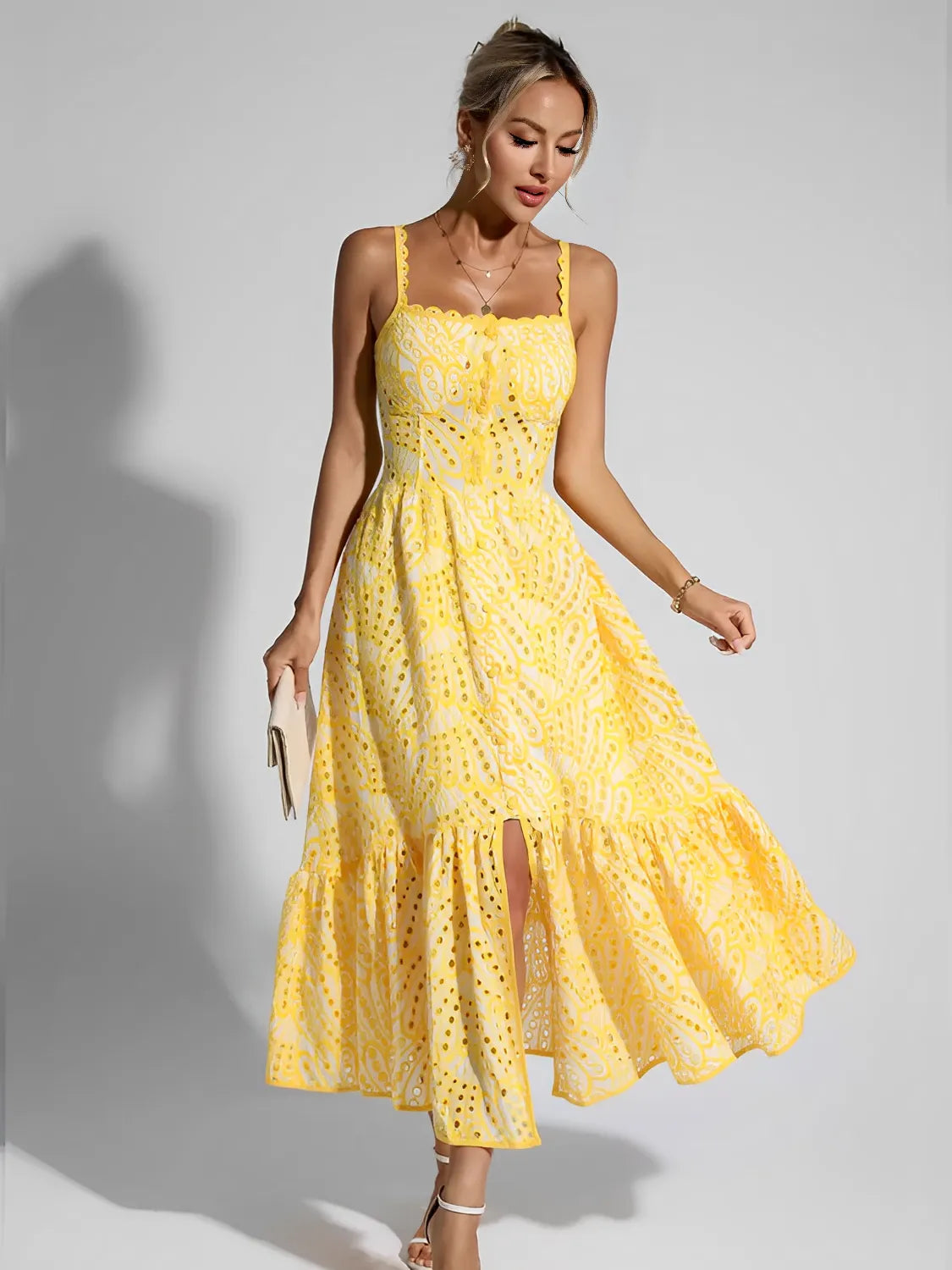 Eyelet Midi Dress with Delicate Ruffles and Elastic Back – Marina