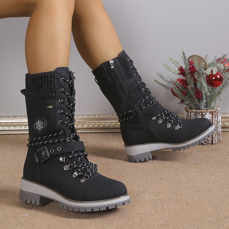 Fiorelle Damen-Combat-Stiefel im nordischen Strick-Design – Hochschäftige, mit Thermobaumwolle gefütterte Schneestiefel mit Blockabsatz & Lederakzenten (US 5–10,5)