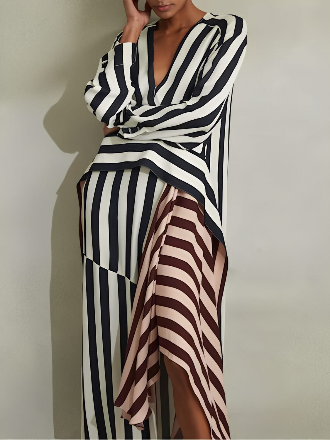 Two-Tone Striped High-Low Dress with Long Sleeves and V-Neckline - Maris