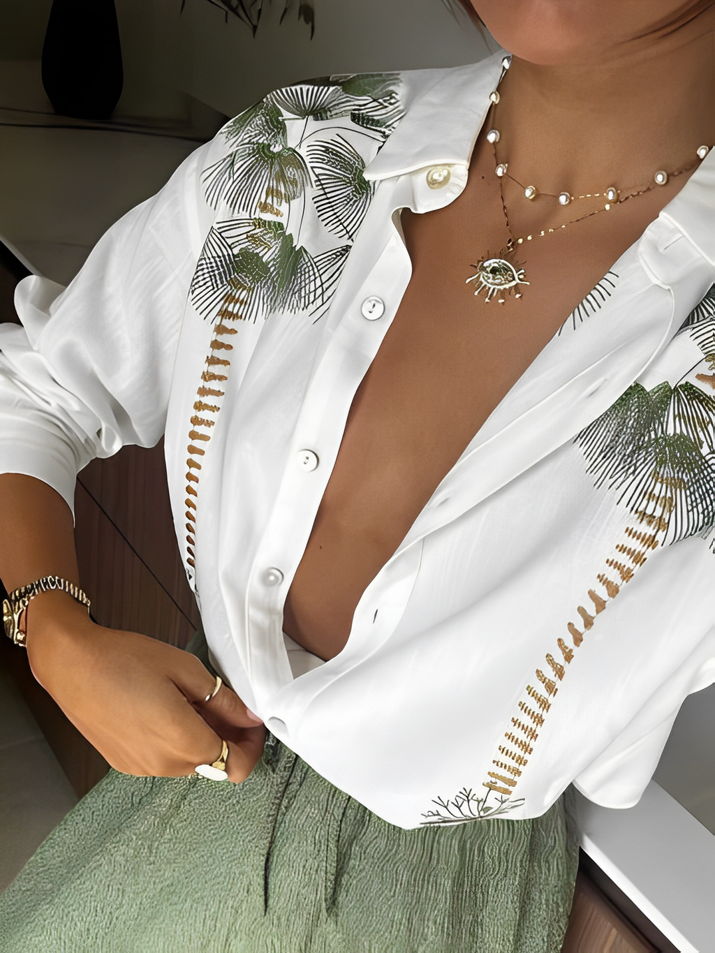 Ensemble élégant avec chemise boutonnée à imprimé et pantalon fluide - Pandora