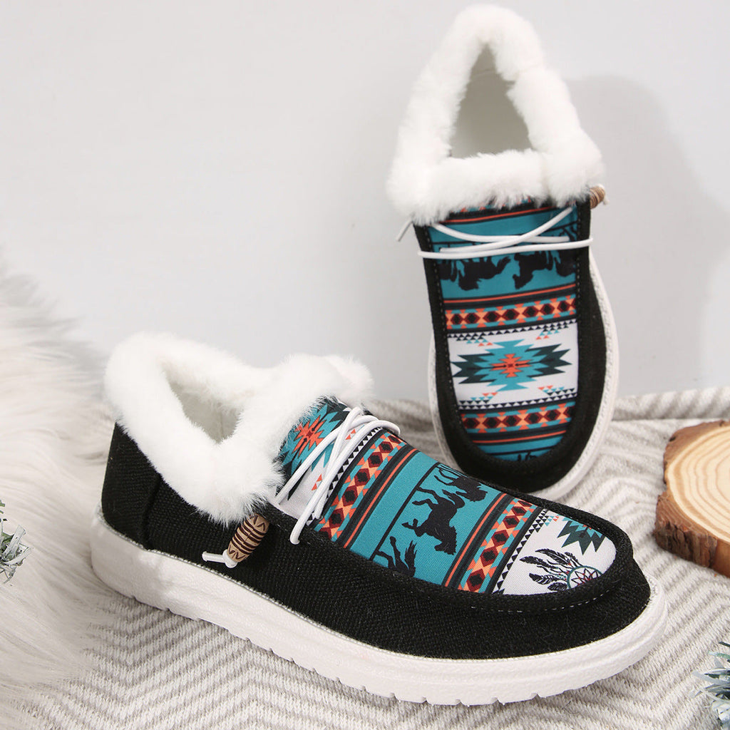 Bottes plates en peluche folklore pour femmes Fiorelle - Bottes de neige d'hiver à lacets avec imprimé ethnique et doublure en polaire confortable - US (5-10,5)