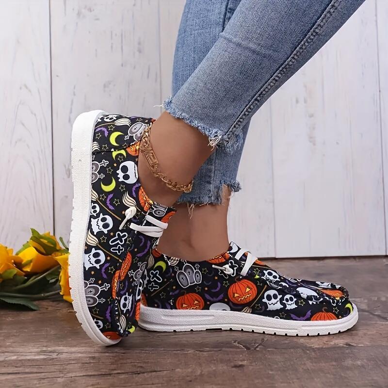 Baskets en toile Spooky Chic pour femmes Fiorelle - Chaussures décontractées avec imprimé citrouille et squelette d'Halloween - US(5-9)