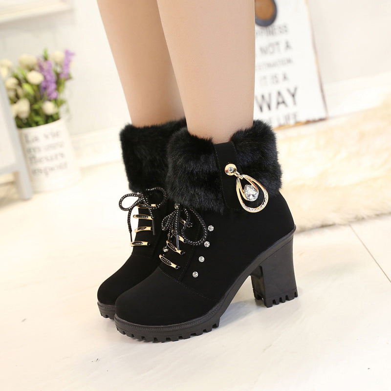 Fiorelle Damen Glam-Stiefel mit Strickbündchen – Elegante Stiefel mit Blockabsatz, seitlichem Reißverschluss und Strass-Verzierung (US 5-10)