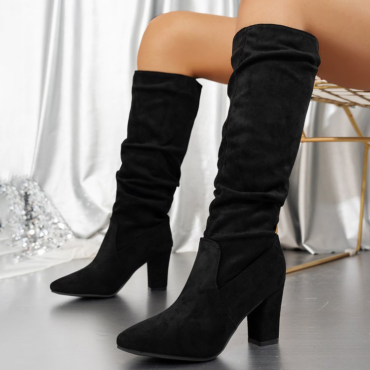 Bottes hautes à talon bloc et bout pointu en suédine pour femme Fiorelle – Bottes montantes à talon épais (US 4–10,5)