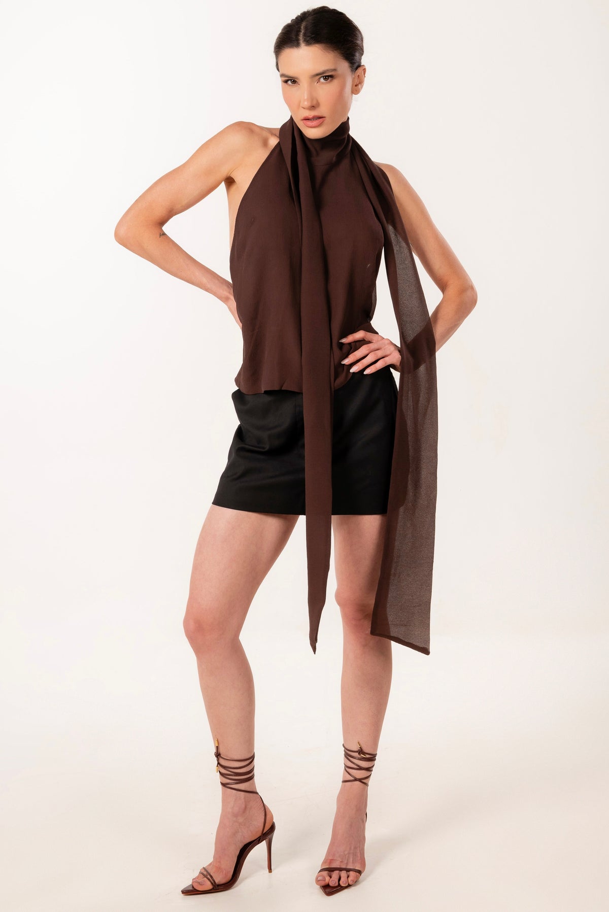 ÉXI-MIA BROWN SILK HALTER TOP