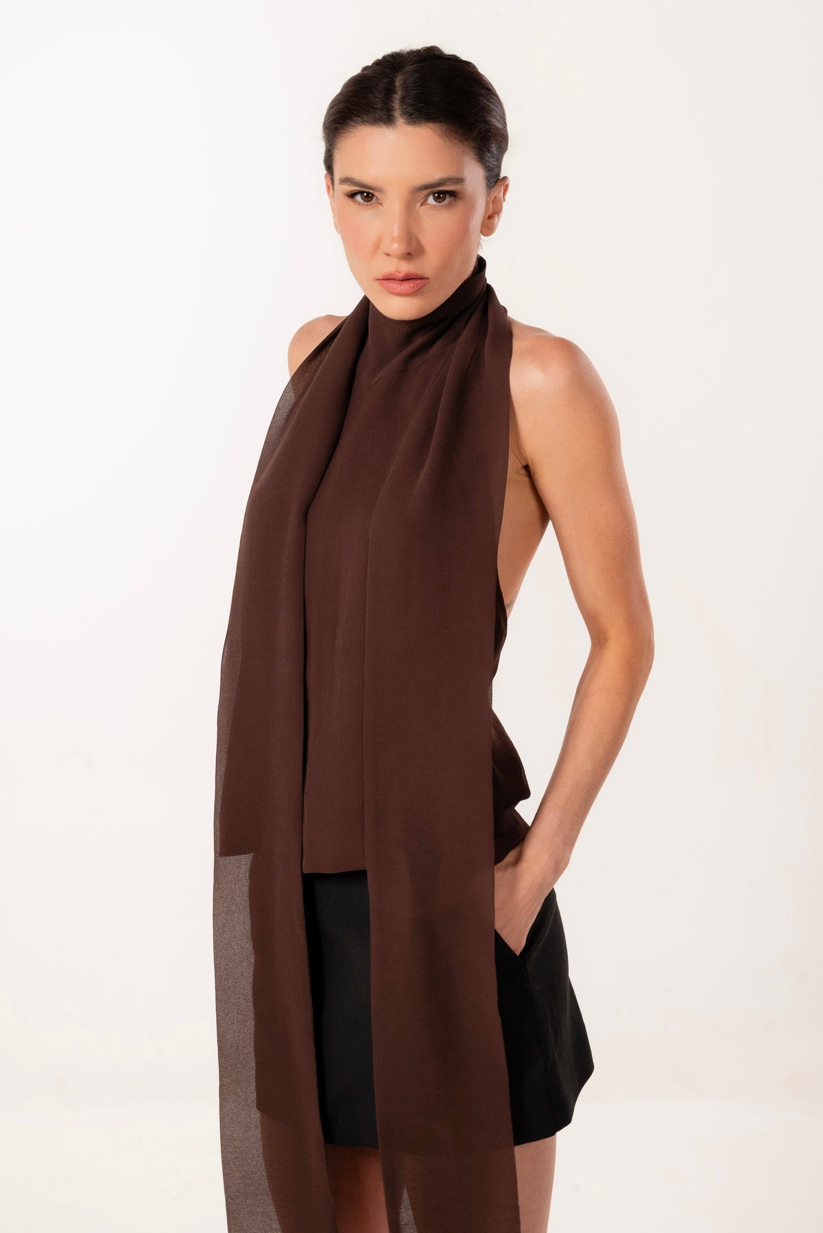ÉXI-MIA BROWN SILK HALTER TOP