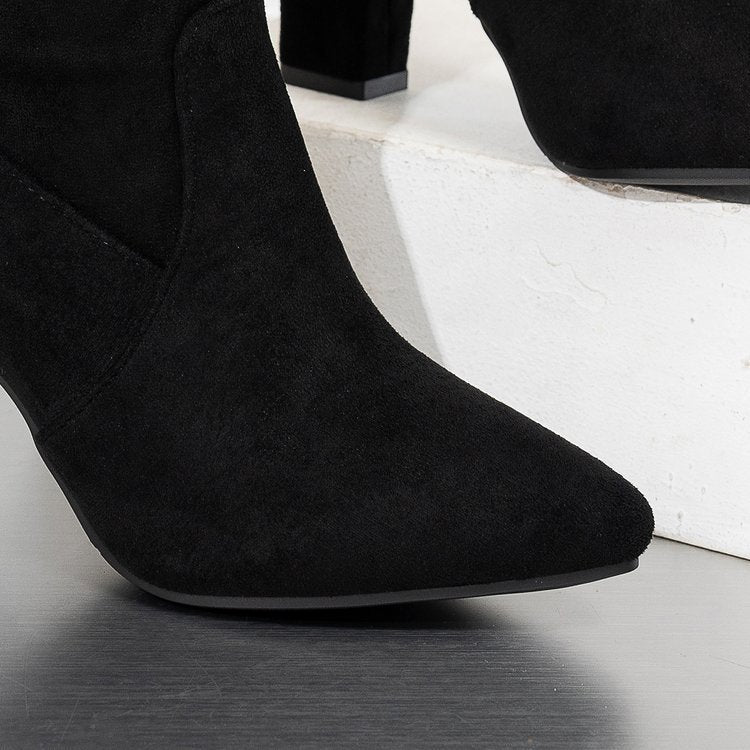 Bottes hautes à talon bloc et bout pointu en suédine pour femme Fiorelle – Bottes montantes à talon épais (US 4–10,5)