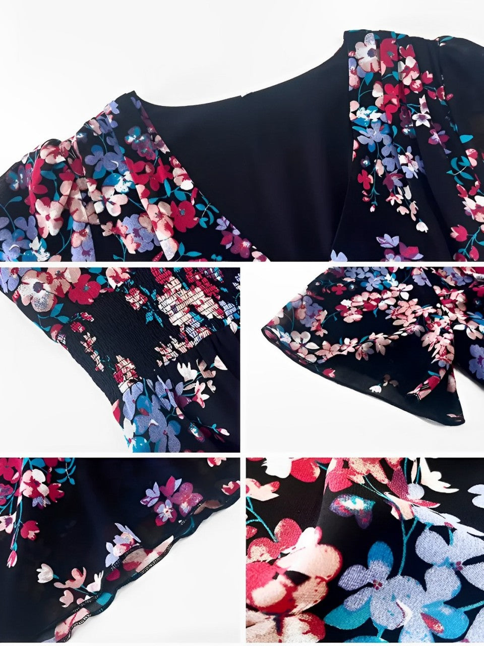 Robe midi fleurie et fluide avec col en V et manches courtes – Salma