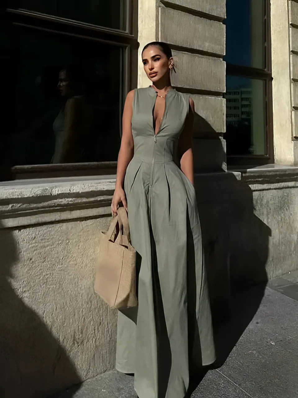Robe longue avec fermeture éclair au buste, taille empire et poches – Liriel