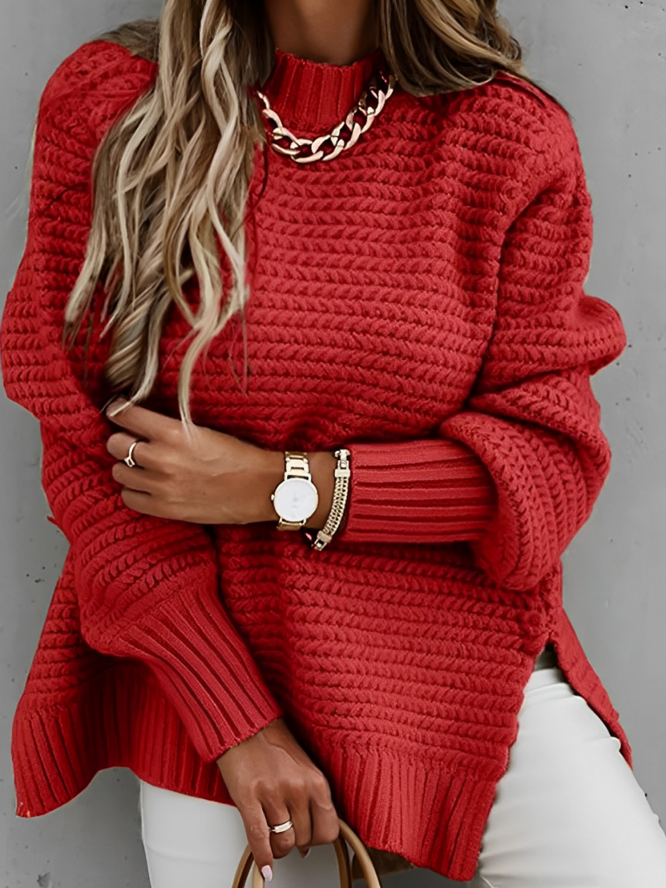 Women's High-Low Knit Turtleneck Sweater with Puff Sleeves - Aurora