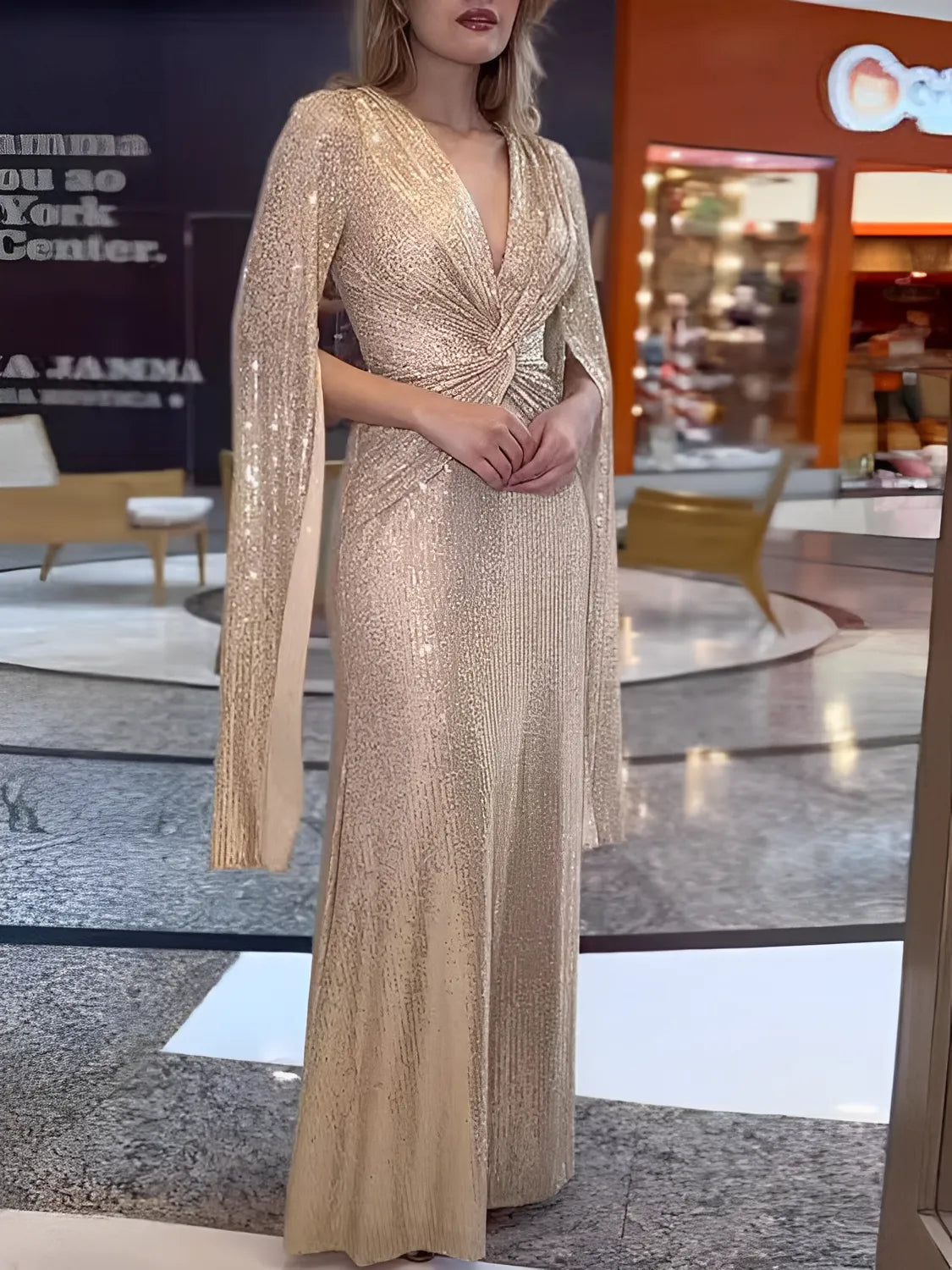 Women's Sequin Evening Maxi Dress with V-Neckline and Waist Knot - Dafne