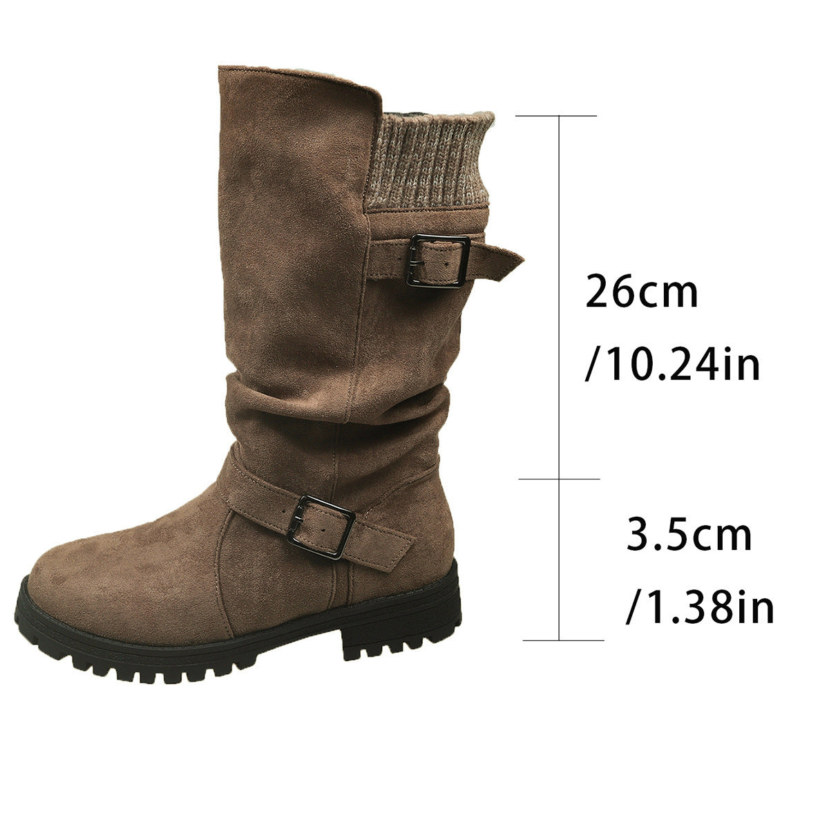Fiorelle Damen-Wildlederstiefel mit Schnalle, wadenhoch – Gestrickte Manschette, Western-Stil, Slouchy-Schuhe (US 5–10,5)