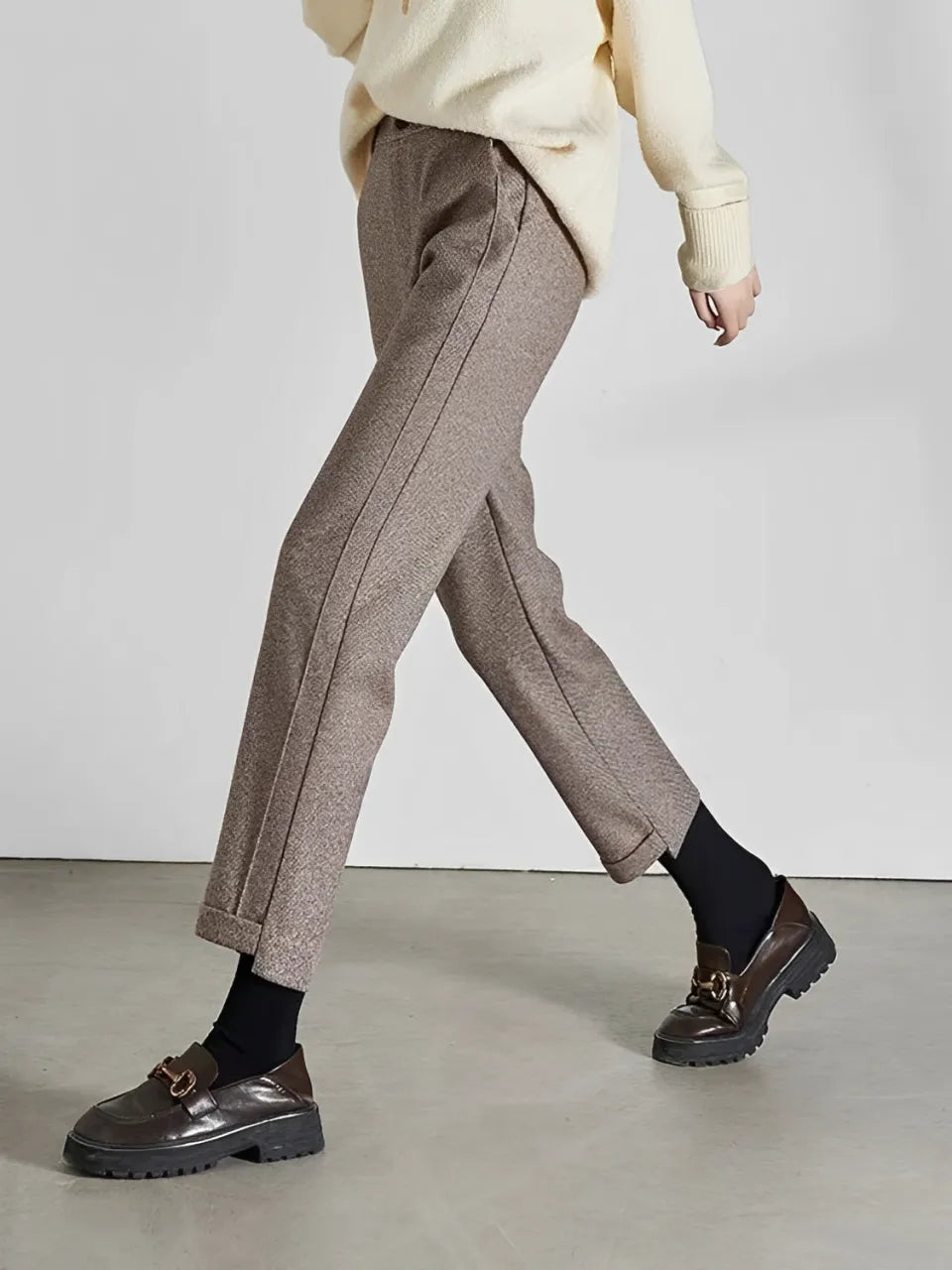 Pantalon droit taille haute en laine et cachemire pour femme avec élastique – Leda
