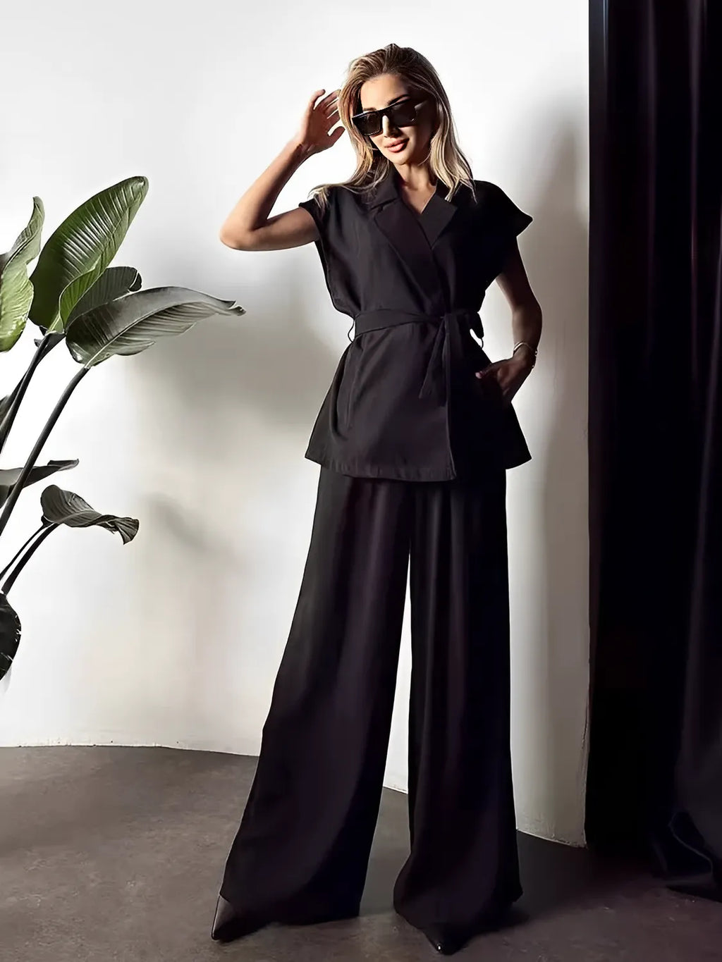 Tailored Set with Tie-Front Blouse and Palazzo Trousers - Dominique