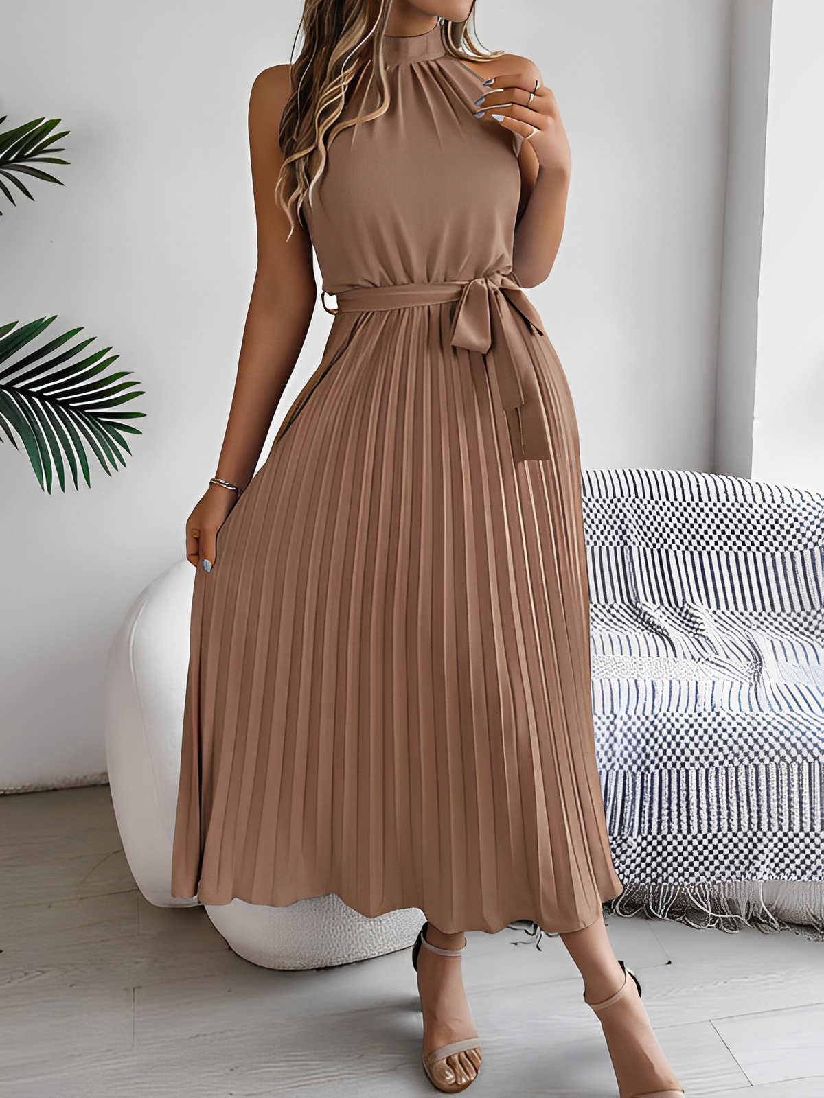 Pleated Halter Neck Midi Dress with Adjustable Waist Tie – Dora