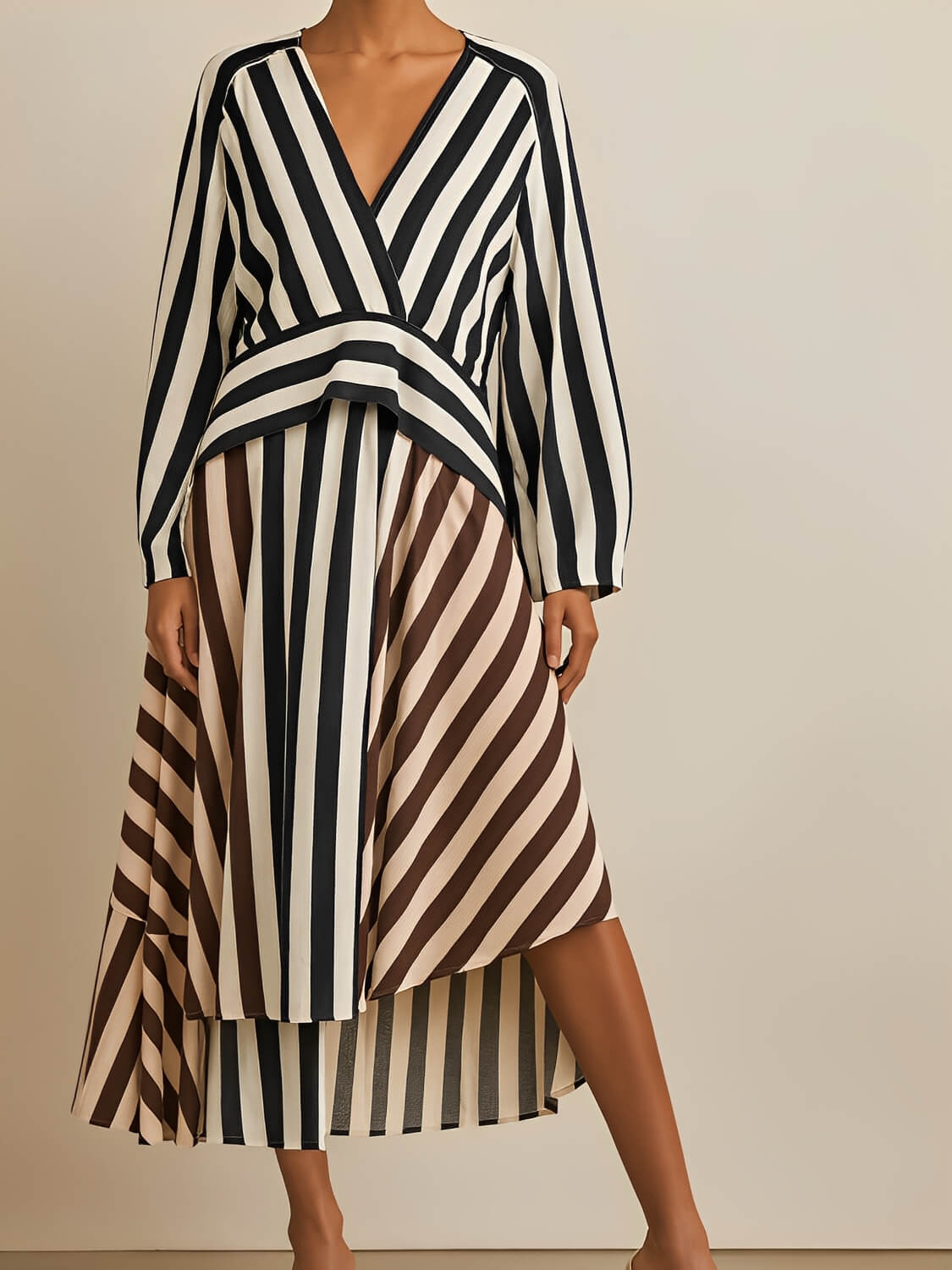 Two-Tone Striped High-Low Dress with Long Sleeves and V-Neckline - Maris