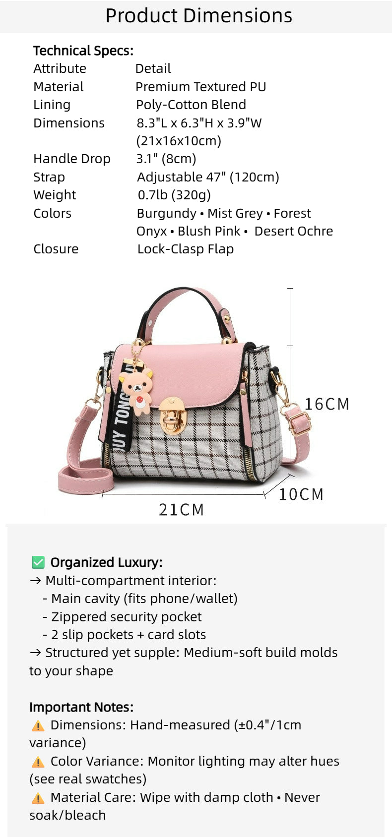 Fiorelle Damen-Mini-Umhängetasche mit Schottenkaro-Besatz – 3-Wege-Convertible-Tasche mit Color-Block-Design und Emaille-Anhängern, kleine Handtasche aus strukturiertem PU