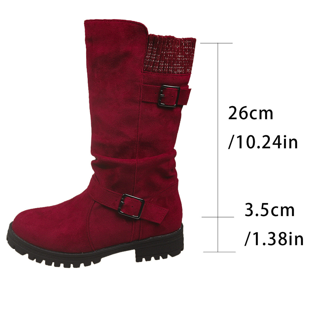 Fiorelle Damen-Wildlederstiefel mit Schnalle, wadenhoch – Gestrickte Manschette, Western-Stil, Slouchy-Schuhe (US 5–10,5)