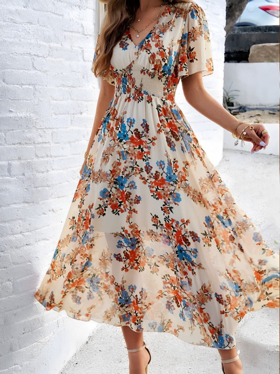 Robe midi fleurie et fluide avec col en V et manches courtes – Salma