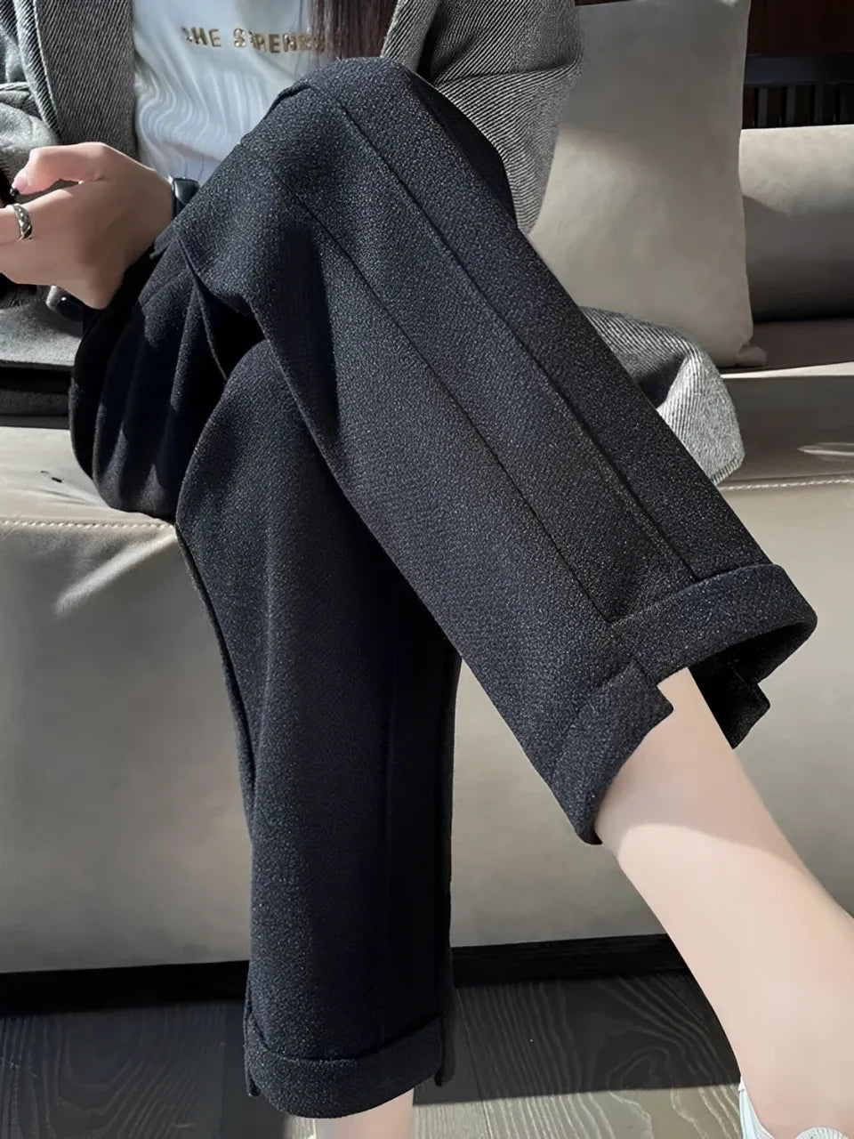 Women's High-Waisted Straight Wool-Cashmere Trousers with Elastic – Leda