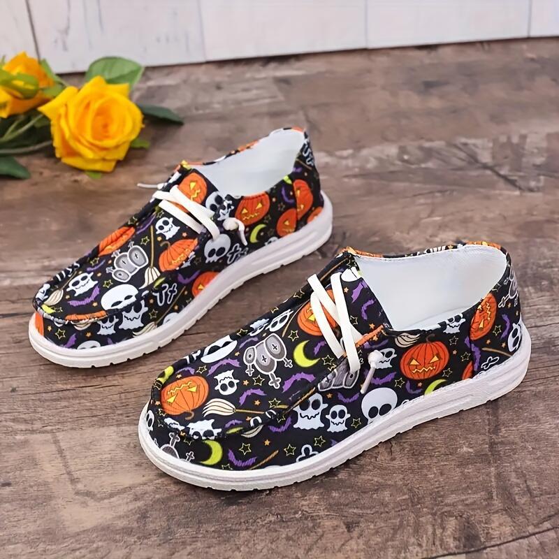 Baskets en toile Spooky Chic pour femmes Fiorelle - Chaussures décontractées avec imprimé citrouille et squelette d'Halloween - US(5-9)
