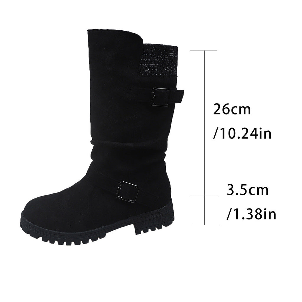 Fiorelle Damen-Wildlederstiefel mit Schnalle, wadenhoch – Gestrickte Manschette, Western-Stil, Slouchy-Schuhe (US 5–10,5)