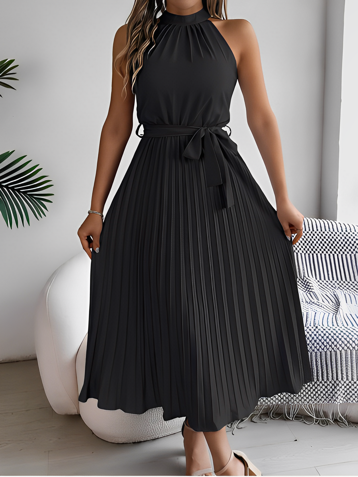 Pleated Halter Neck Midi Dress with Adjustable Waist Tie – Dora