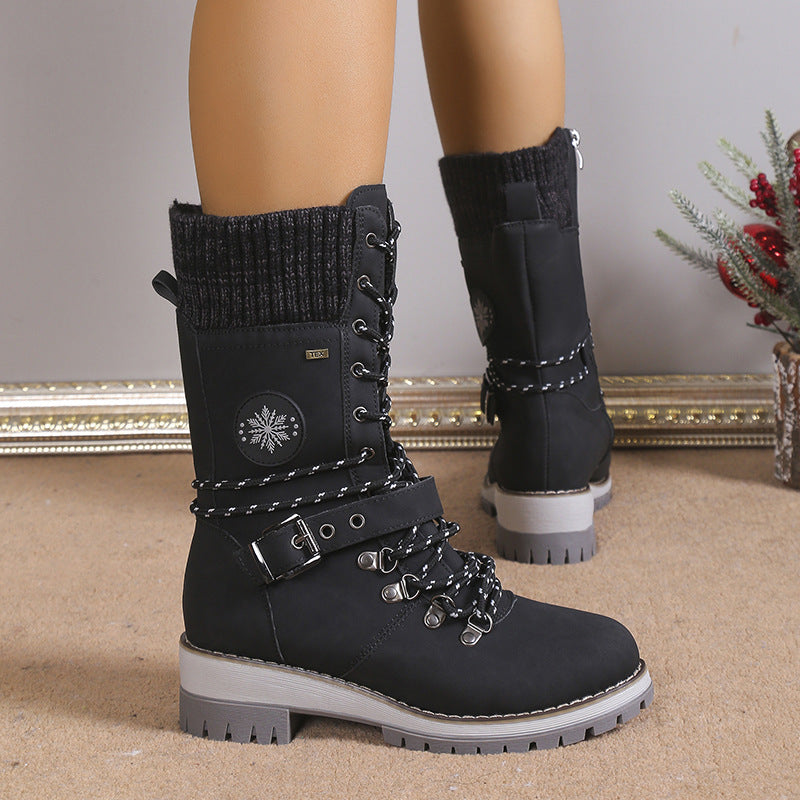 Fiorelle Damen-Combat-Stiefel im nordischen Strick-Design – Hochschäftige, mit Thermobaumwolle gefütterte Schneestiefel mit Blockabsatz & Lederakzenten (US 5–10,5)