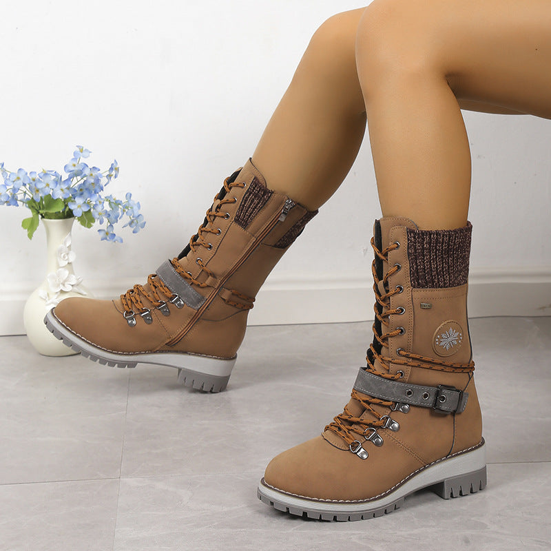 Fiorelle Damen-Combat-Stiefel im nordischen Strick-Design – Hochschäftige, mit Thermobaumwolle gefütterte Schneestiefel mit Blockabsatz & Lederakzenten (US 5–10,5)