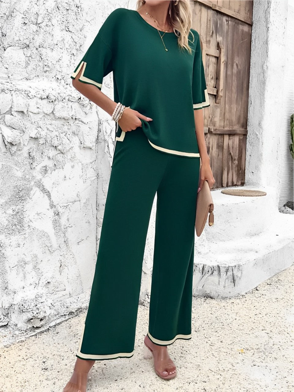 Women's Viscose Set with Short-Sleeve High-Low Top and High-Waisted Slit-Hem Trousers - Mirtes