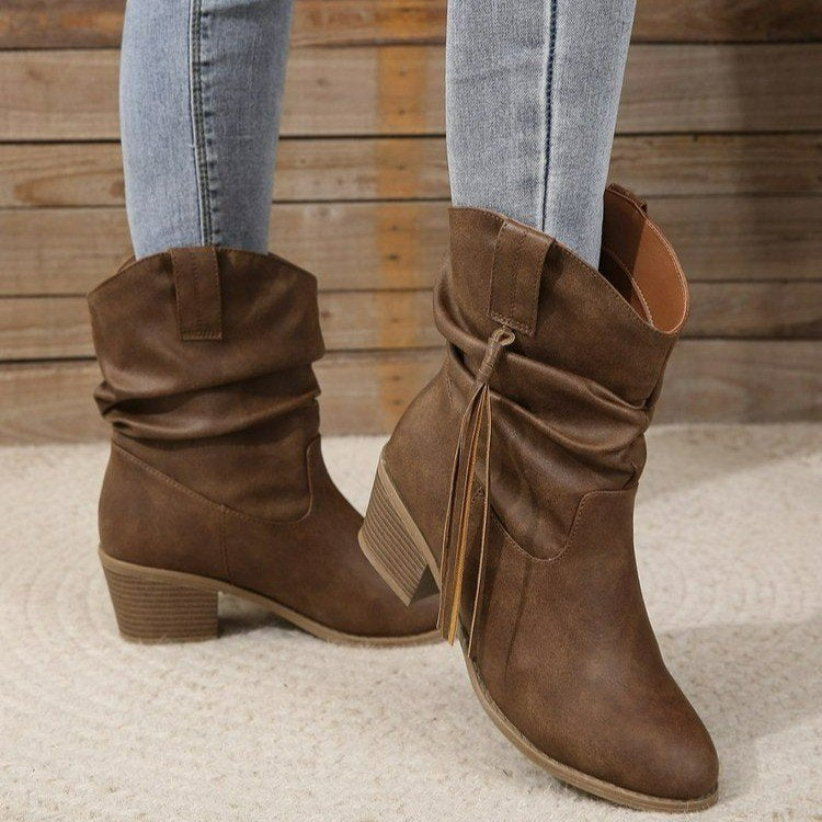 Bottes western à pompons pour femme Fiorelle - Bottines cowboy à boucle tressée, talon carré et bout pointu (US 5-10)