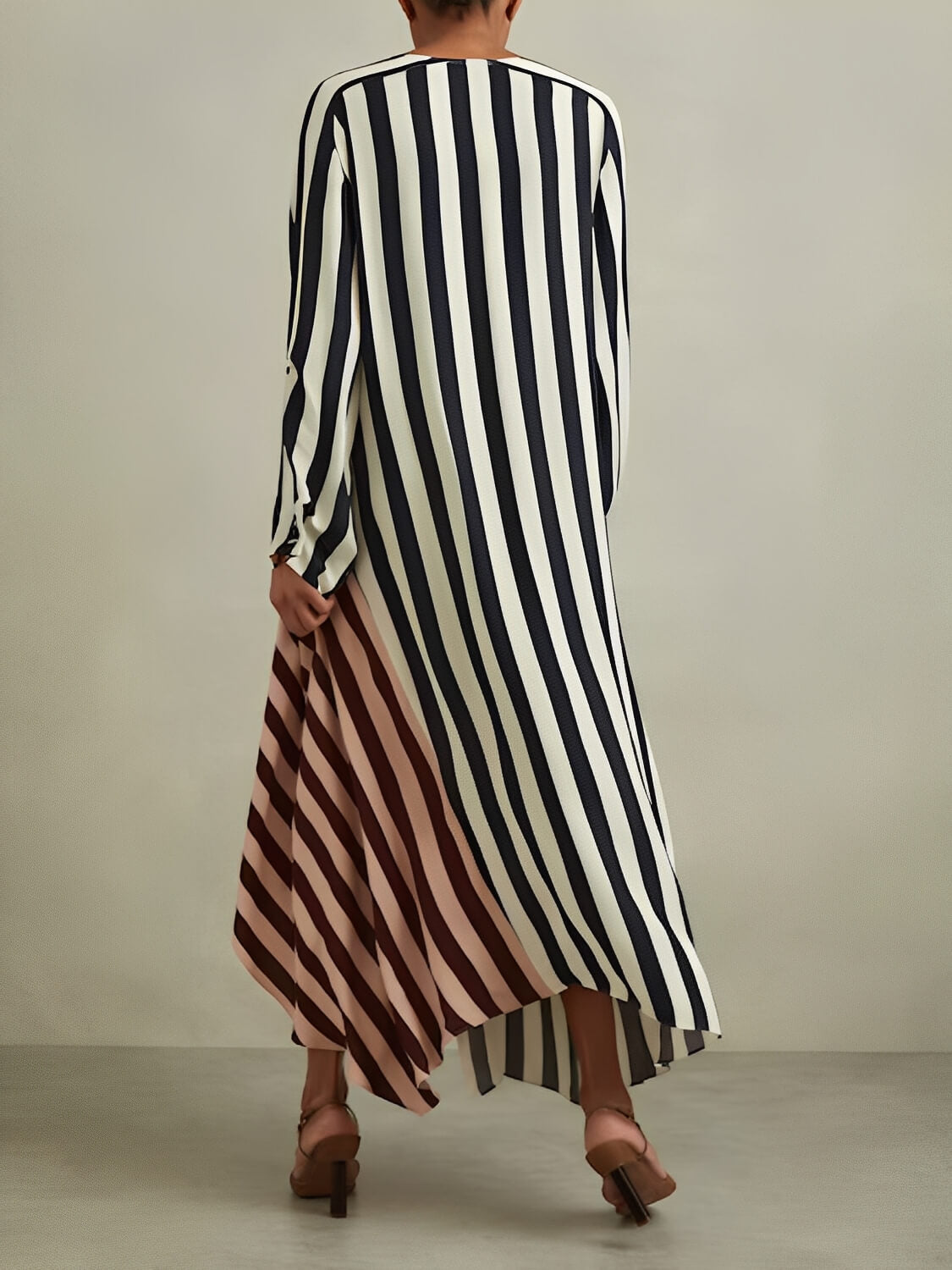 Two-Tone Striped High-Low Dress with Long Sleeves and V-Neckline - Maris