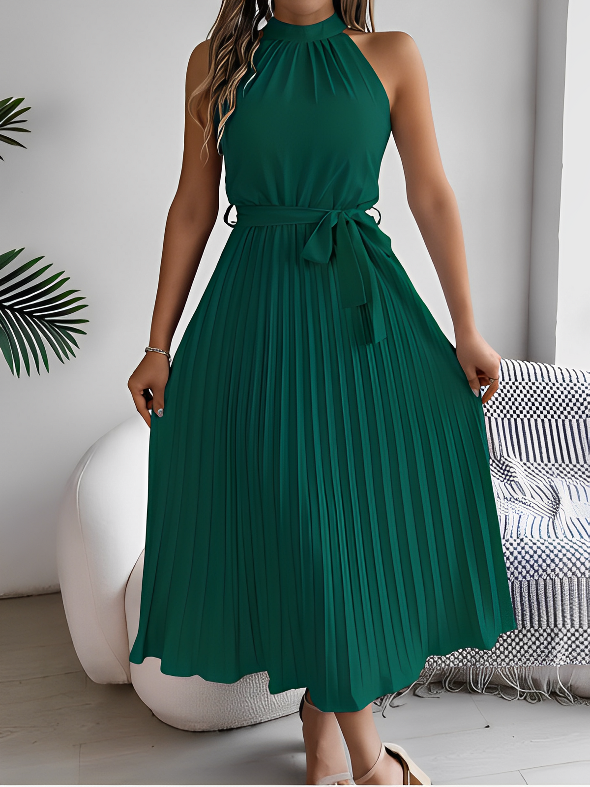 Pleated Halter Neck Midi Dress with Adjustable Waist Tie – Dora