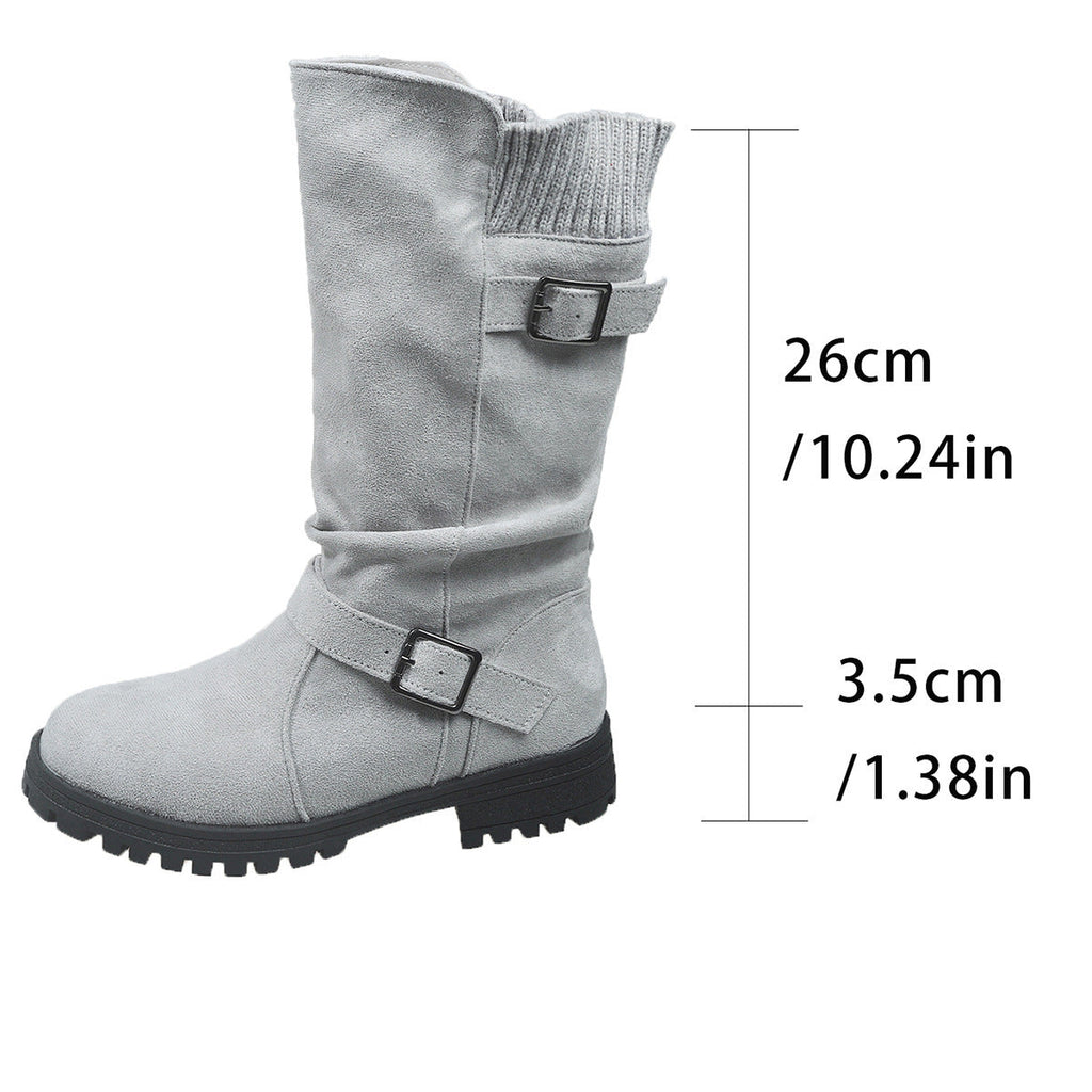 Fiorelle Damen-Wildlederstiefel mit Schnalle, wadenhoch – Gestrickte Manschette, Western-Stil, Slouchy-Schuhe (US 5–10,5)