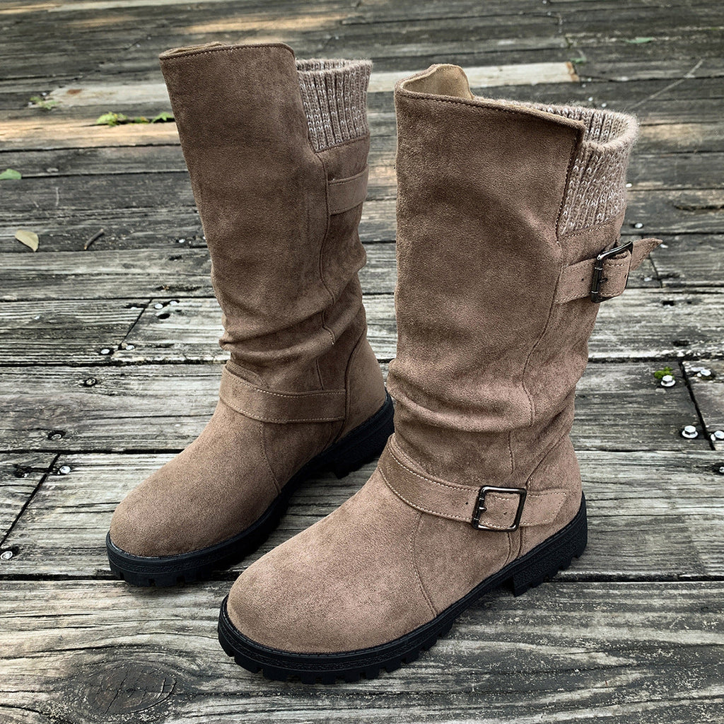 Fiorelle Damen-Wildlederstiefel mit Schnalle, wadenhoch – Gestrickte Manschette, Western-Stil, Slouchy-Schuhe (US 5–10,5)