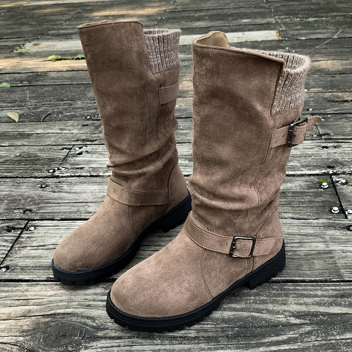 Fiorelle Damen-Wildlederstiefel mit Schnalle, wadenhoch – Gestrickte Manschette, Western-Stil, Slouchy-Schuhe (US 5–10,5)