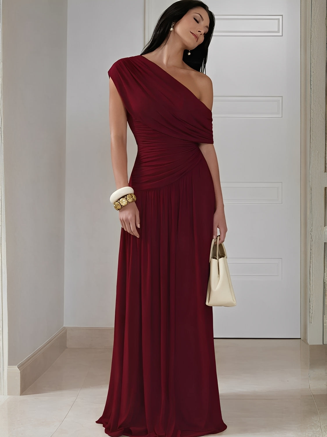 Fitted One-Shoulder Pleated Maxi Dress with Ruching – Lunara