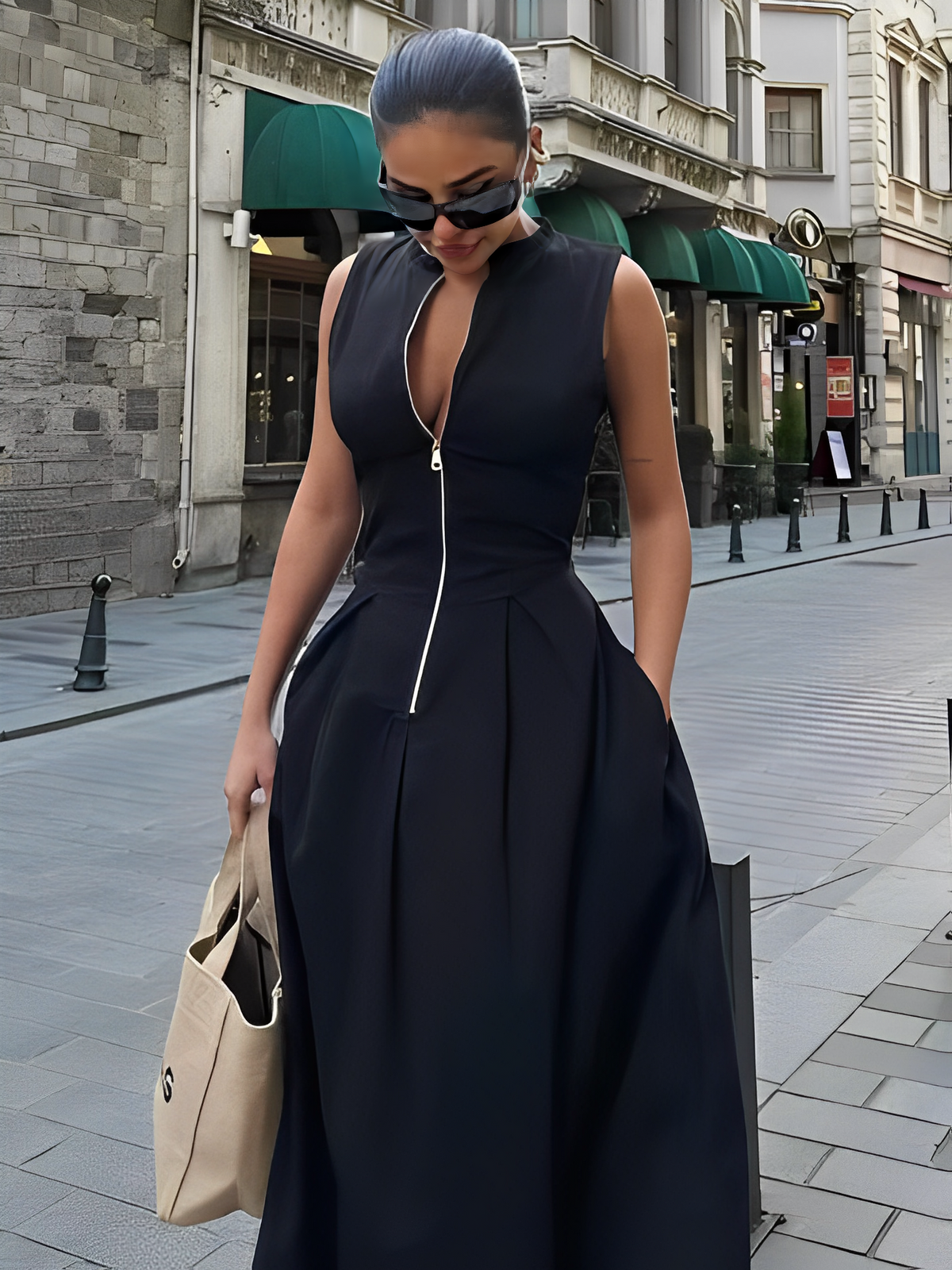 Robe longue avec fermeture éclair au buste, taille empire et poches – Liriel